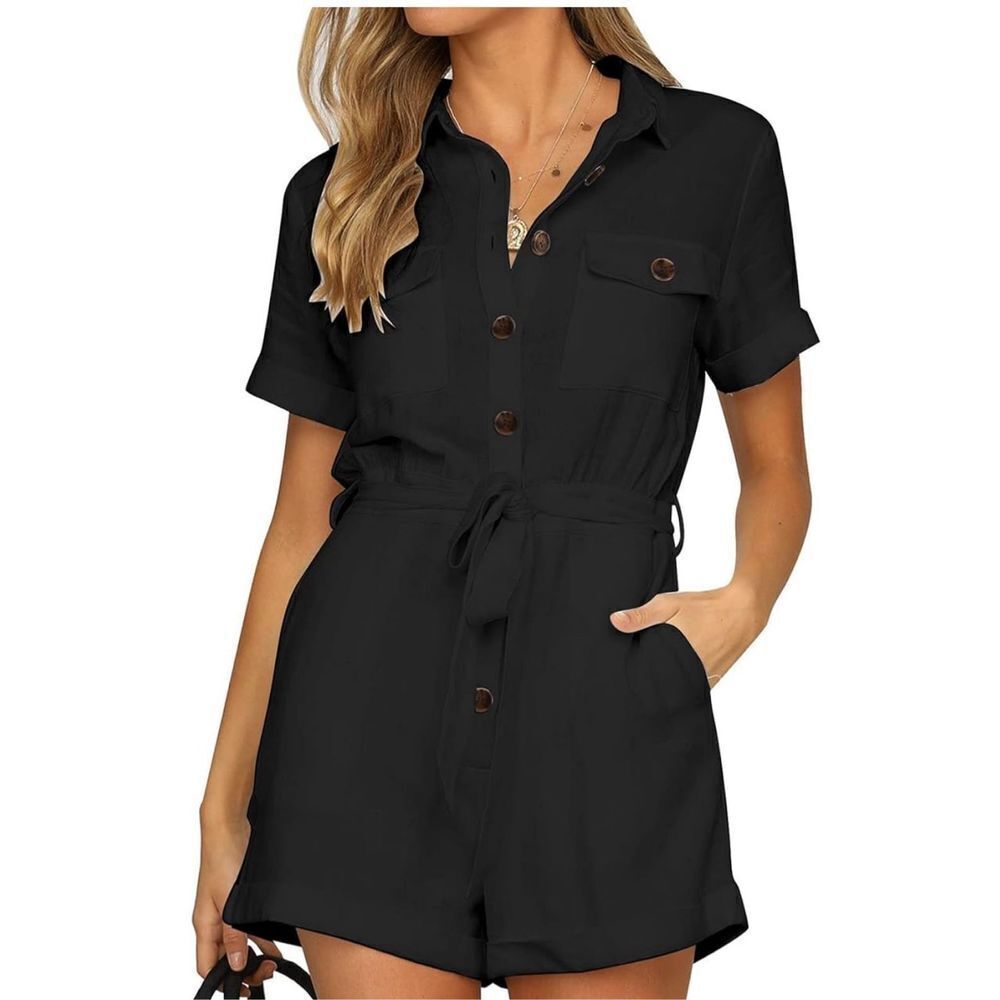 NEW Cotton Romper Button Short Sleeve Pockets S NO BELT
